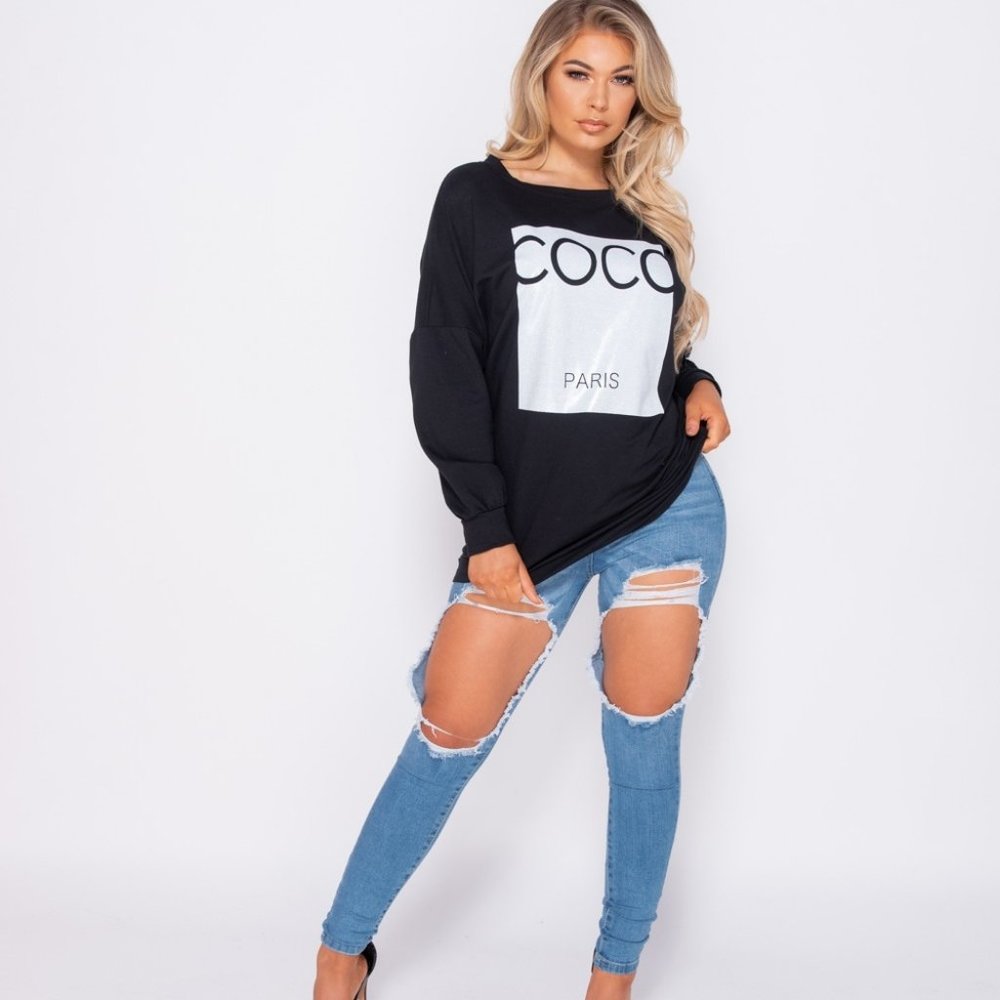 Black Coco Paris Print Long Sleeve Oversized Sweatshirt - Picture 2 of 8